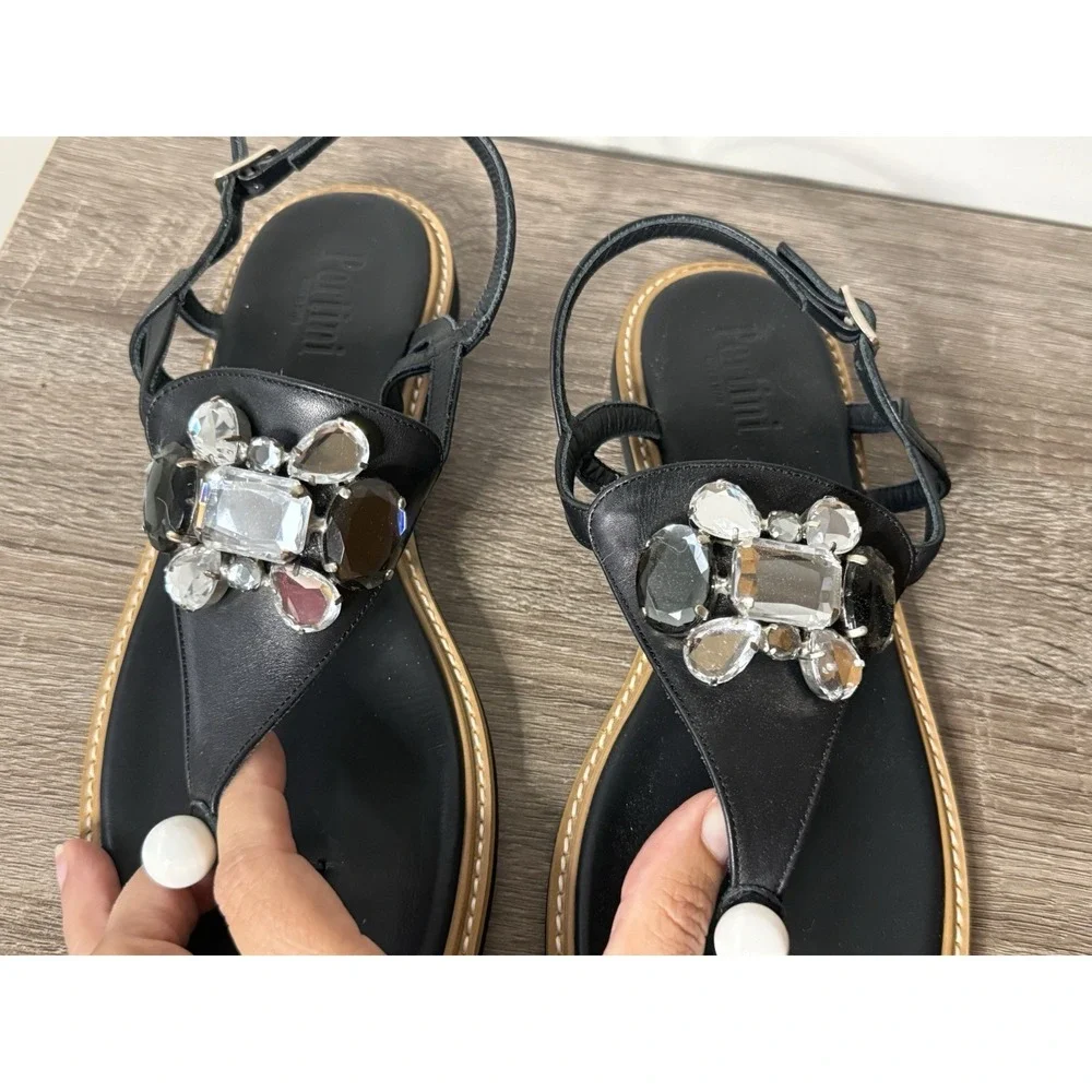 Pertini Black Jeweled Leather thong sandals ankle buckle Women's Sz 8 Made Spain